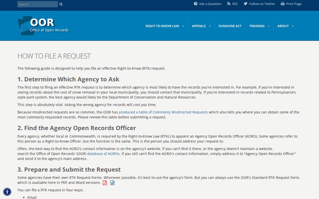 Pennsylvania Office of Open Records guidance for filing a Berwick public-record request