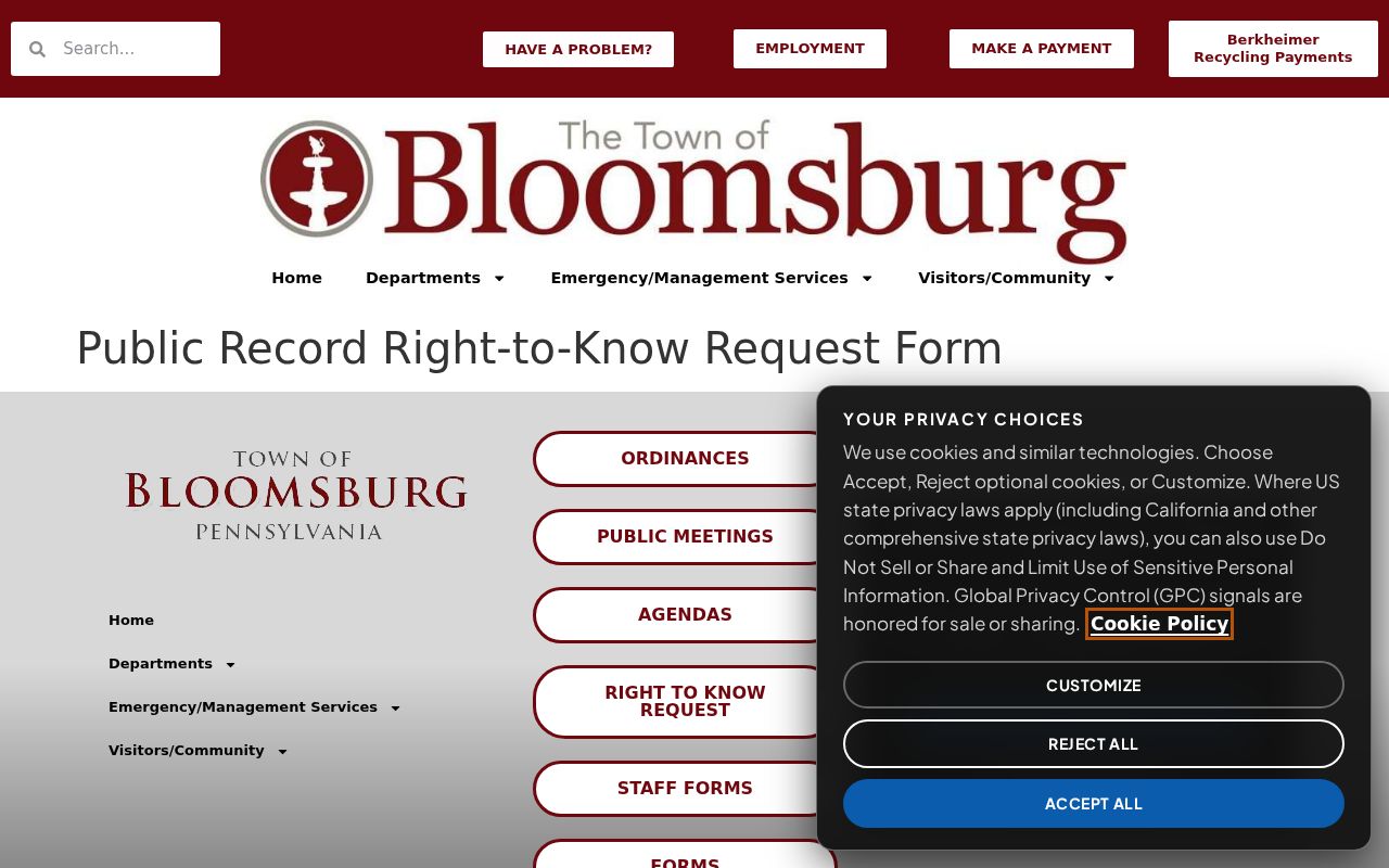 Bloomsburg online Right-to-Know request form for public records