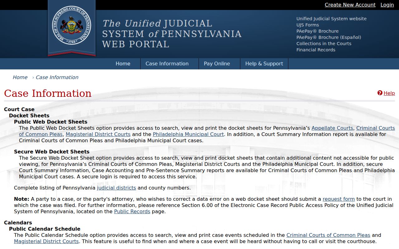 Pennsylvania UJS case information guidance for Columbia County court searches