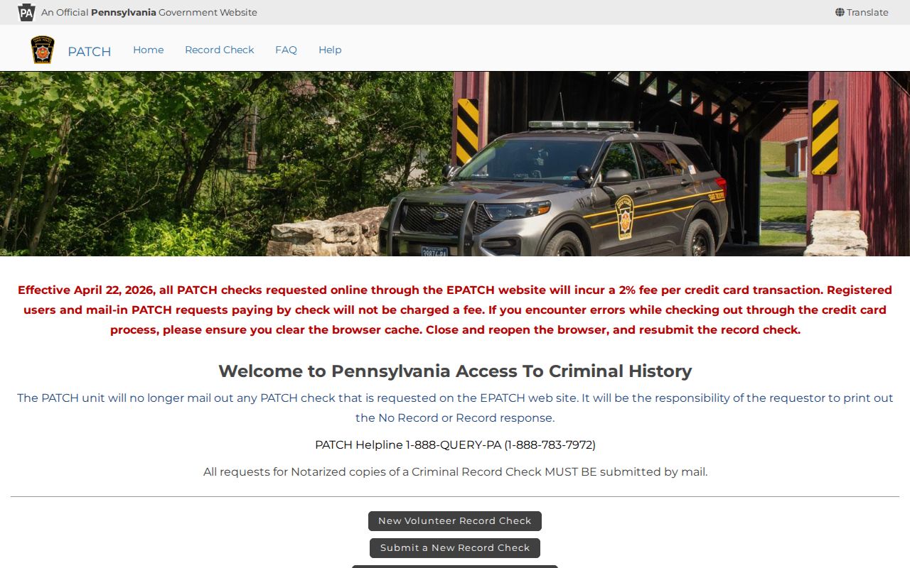 PATCH portal for an official Columbia County criminal history request